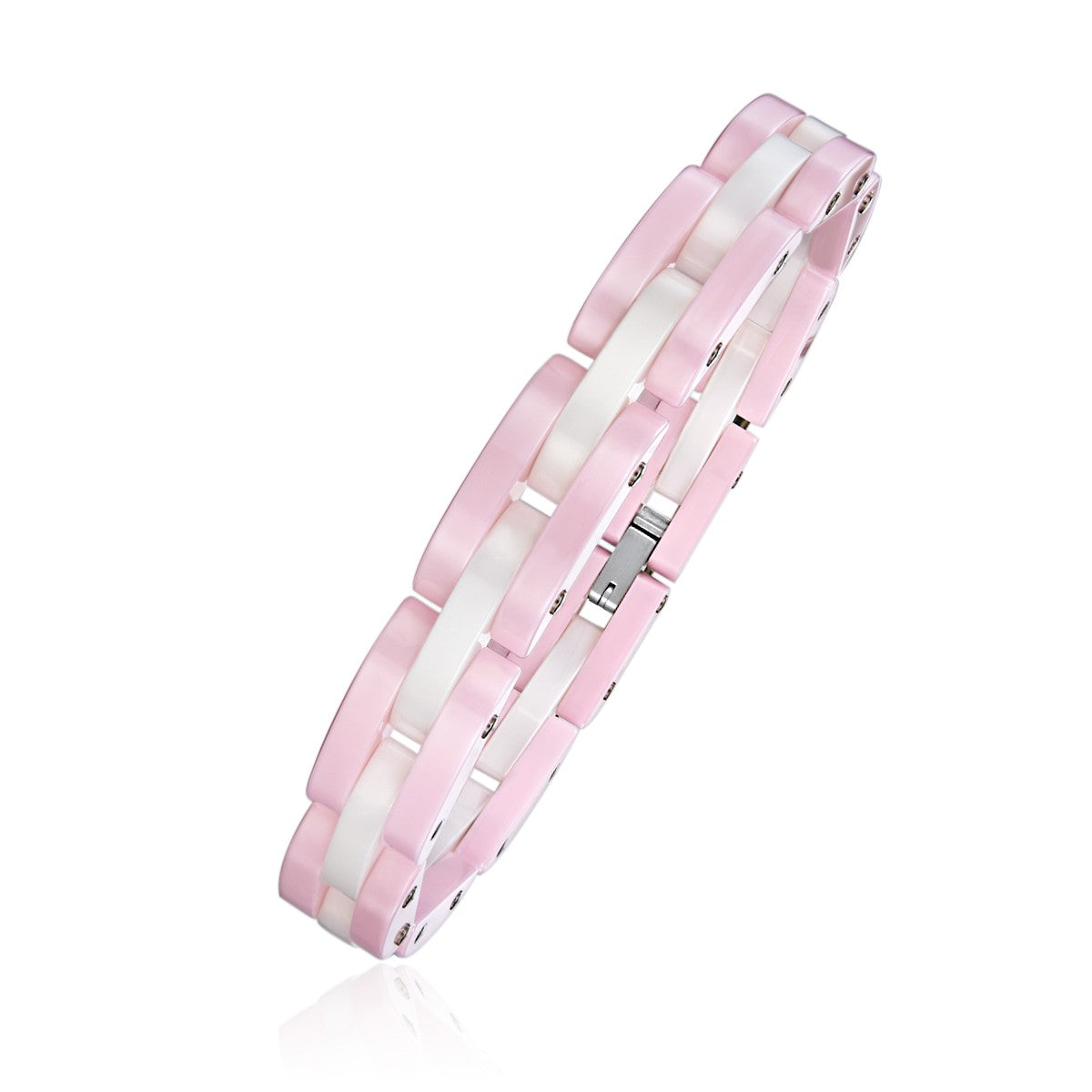 Ladies Pink and White Ceramic Brick Link Bracelet