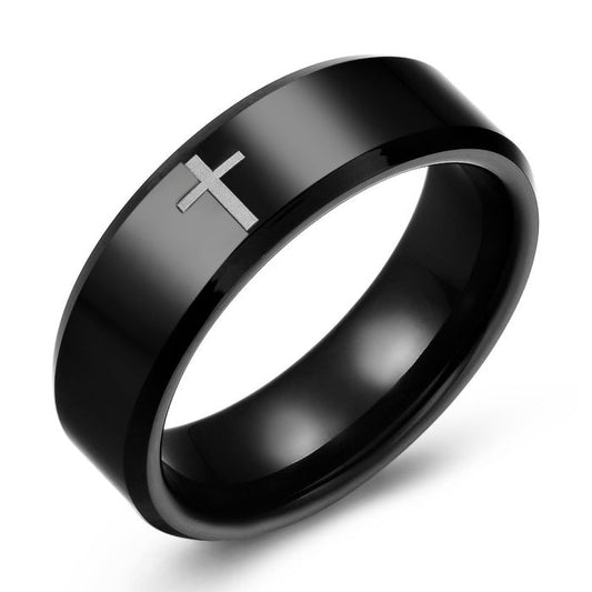 Black Tungsten Cross Etched Ring