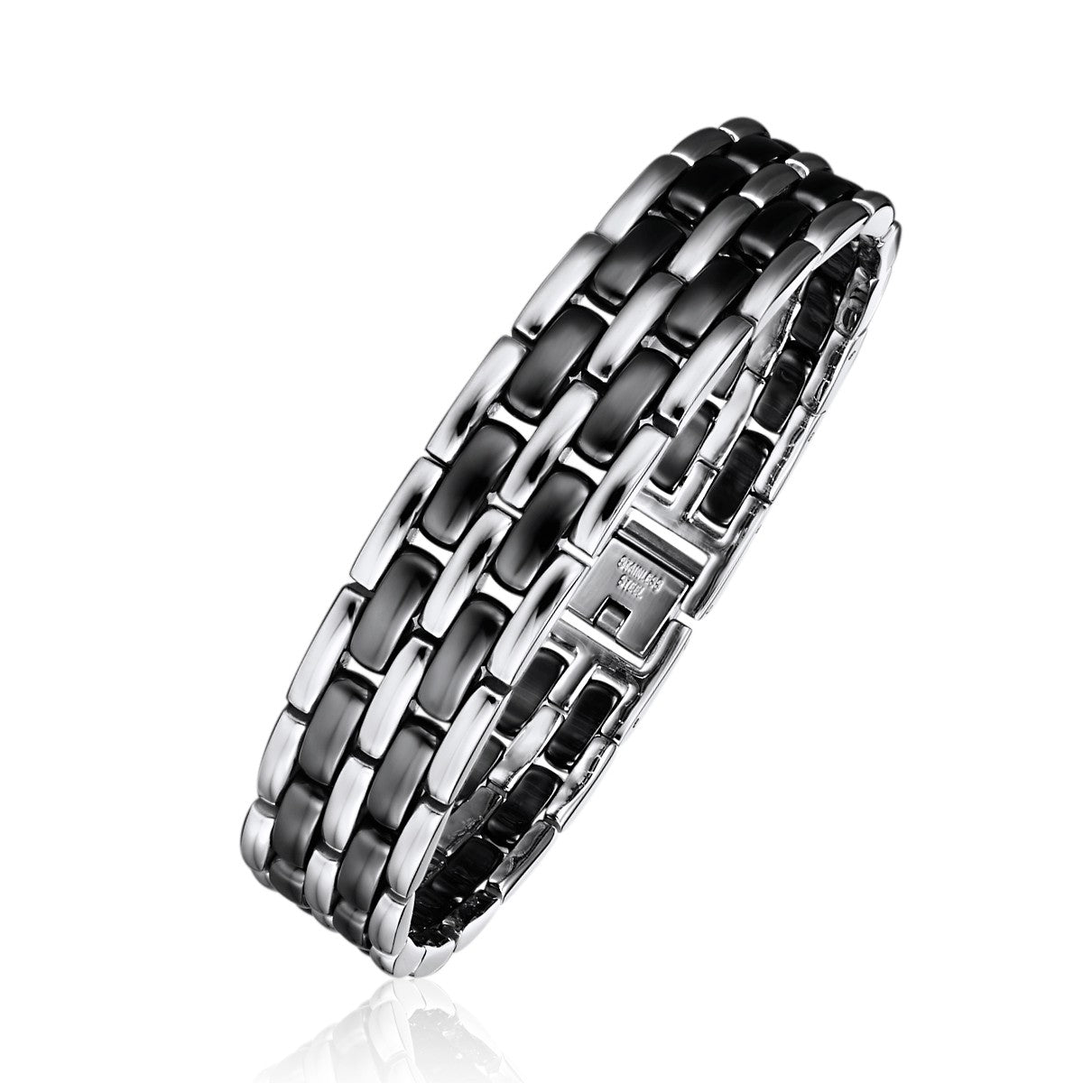 Black Ceramic and Steel Alternating Brick Link Bracelet