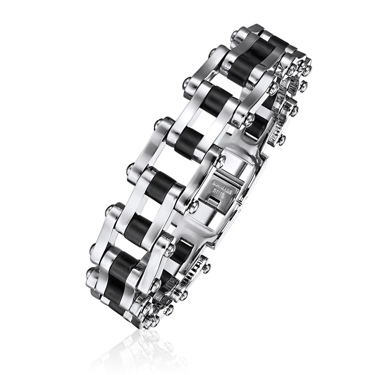 Steel Train Track Link Bracelet with Black Rubber Accent