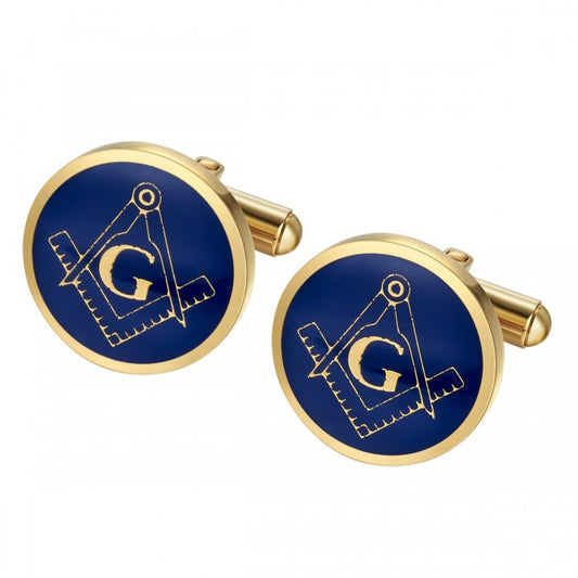 Blue Masonic Fraternity Cufflinks in Stainless Steel with Yellow Gold Plate