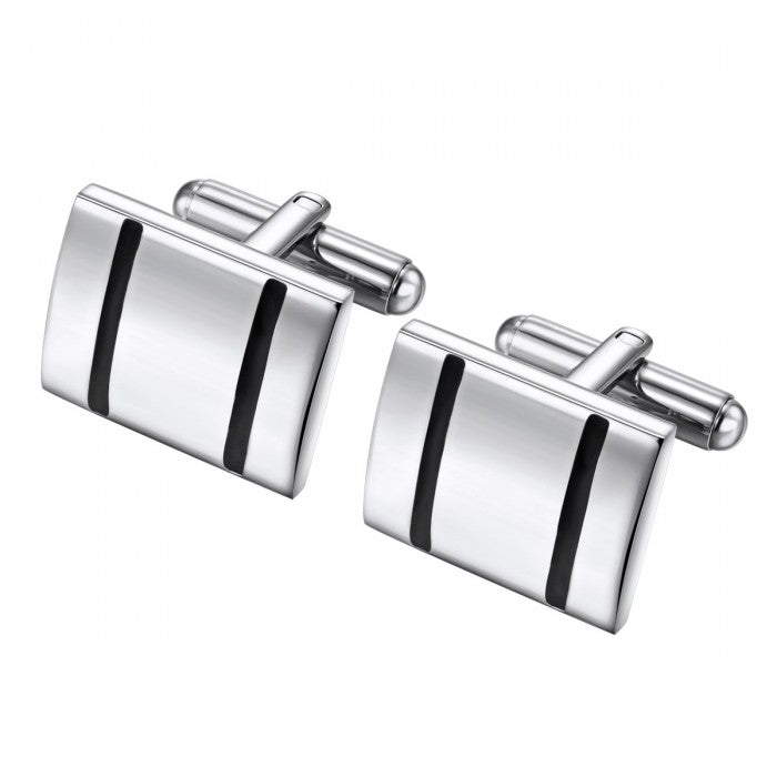 Bold Simple Cufflinks in Stainless Steel with Accent Lines in Black