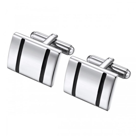 Bold Simple Cufflinks in Stainless Steel with Accent Lines in Black