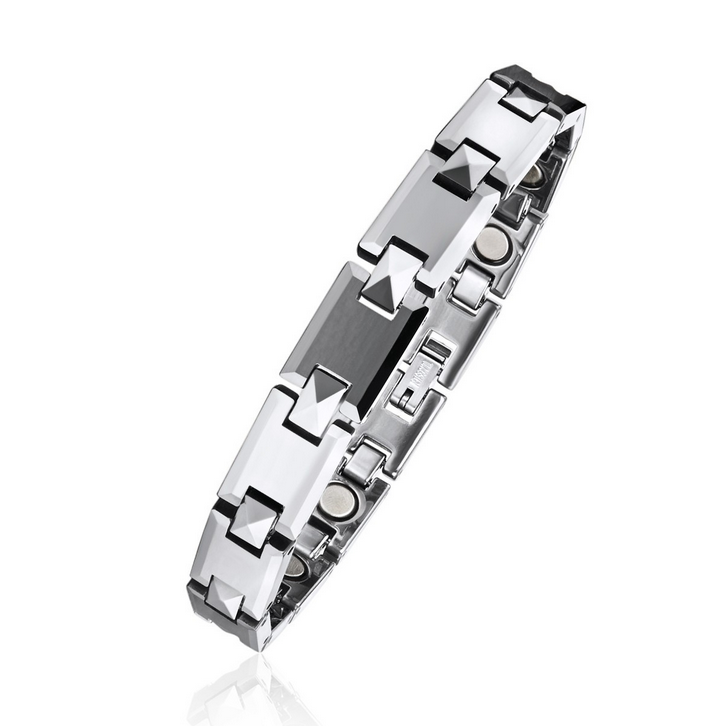 Alternating Faceted Puzzle Piece Magnetic Therapy Bracelet in Tungsten