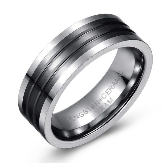 Black Ceramic and Tungsten Striped Ring