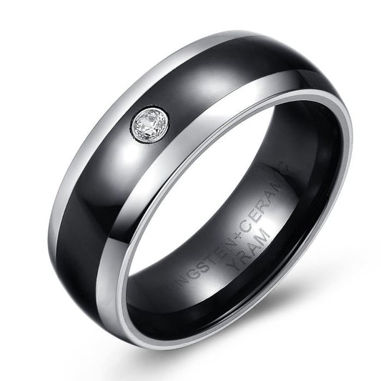 Black Ceramic and Tungsten Ring with Cubic Zirconia