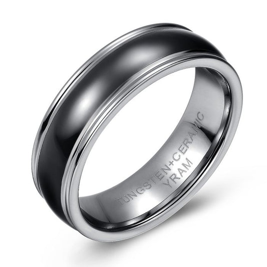 Domed Tungsten and Black Ceramic Ring