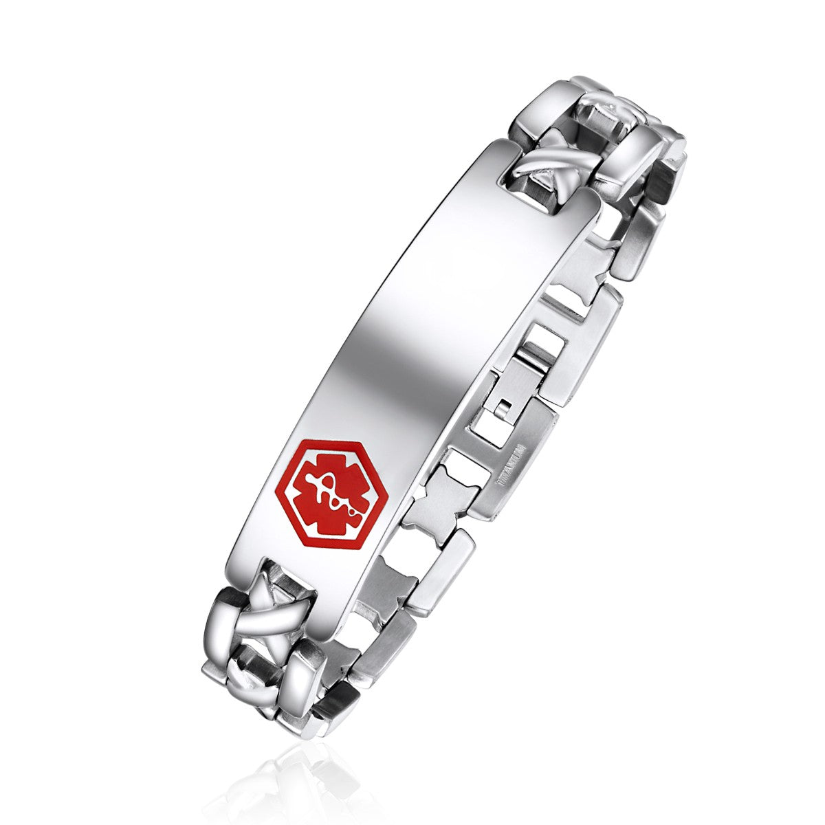 Steel Engravable Medical ID Bracelet with Red Enamel Caduceus