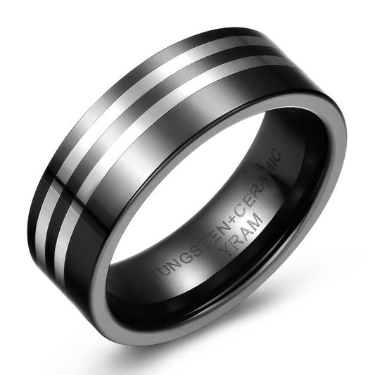 Double Striped Black Ceramic and Tungsten Ring