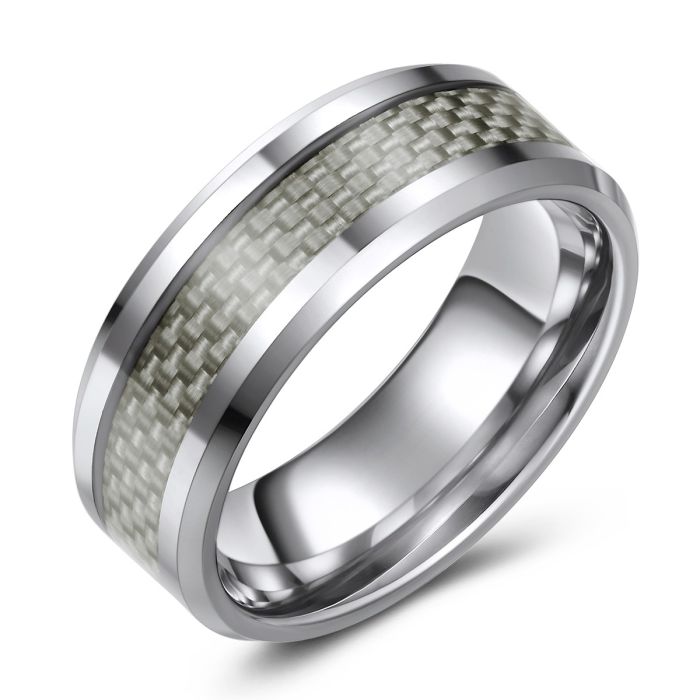 Tungsten Fashion Ring with White Carbon Fiber Inlay