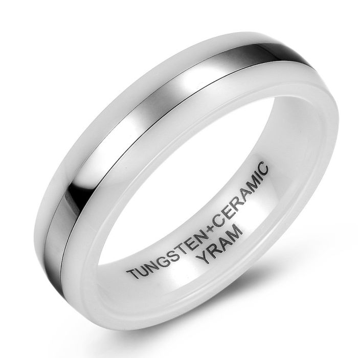 White Ceramic With Tungsten Stripe Ring