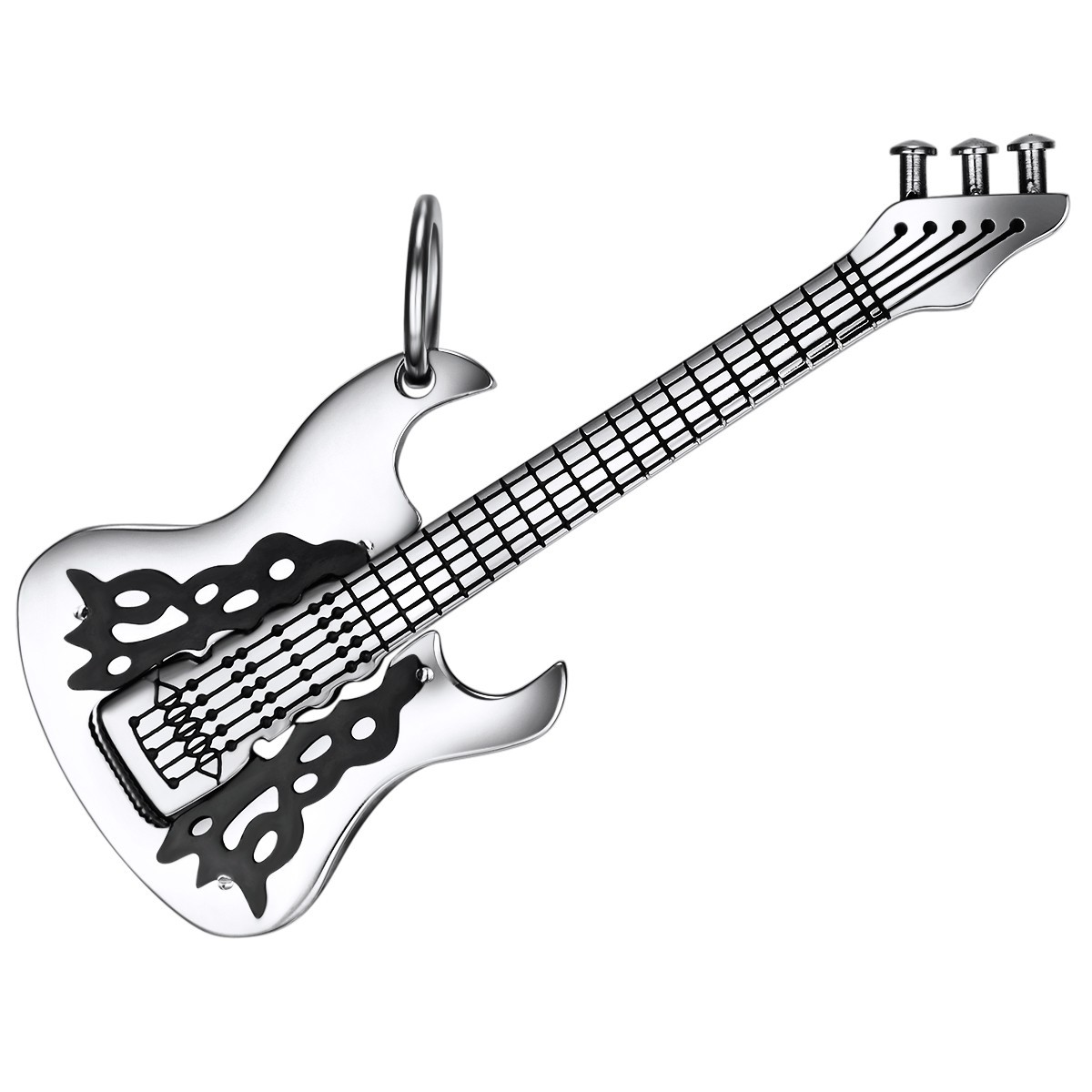 Stainless Steel Guitar Pendant with Black Enamel Design