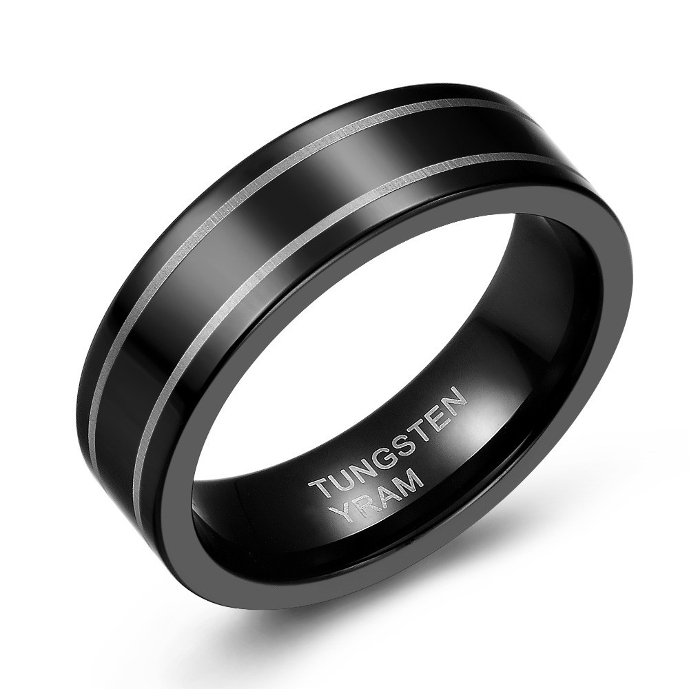 Black Tungsten Wedding or Fashion Ring with Two Stripes of Gray - 7MM