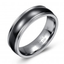Domed Tungsten and Black Ceramic Wedding or Fashion Ring