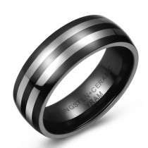 Black Ceramic and Tungsten Striped Wedding or Fashion Ring