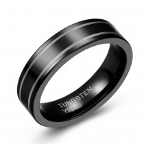 Black Tungsten Wedding or Fashion Ring with Two Stripes of Gray - 6MM