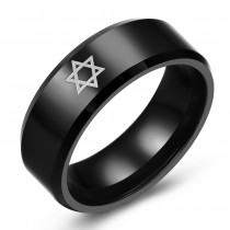 Star of David Etched Beveled Edge Black Tungsten Ring – 8MM