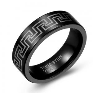 Black Tungsten Ring with Greek Key Pattern